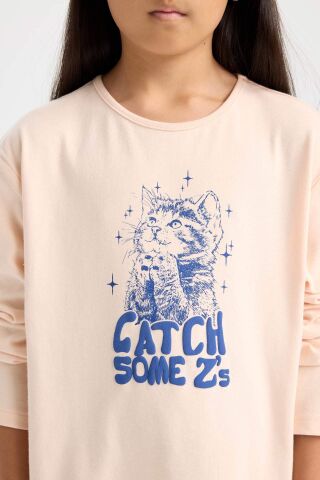 Kız Çocuk Pijama Takımı Baskılı Uzun Kollu Üst Beli Lastikli Uzun Alt
