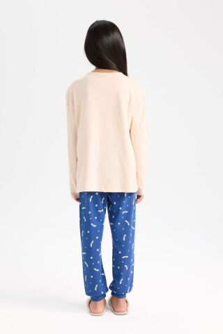 Kız Çocuk Pijama Takımı Baskılı Uzun Kollu Üst Beli Lastikli Uzun Alt