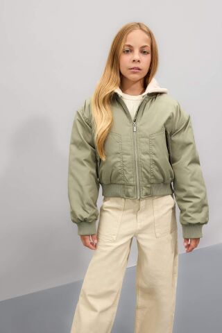 Kız Çocuk Çıkarılabilir Kapüşonlu Ribana Kollu Çıtçıtlı Cepli Bomber Mont