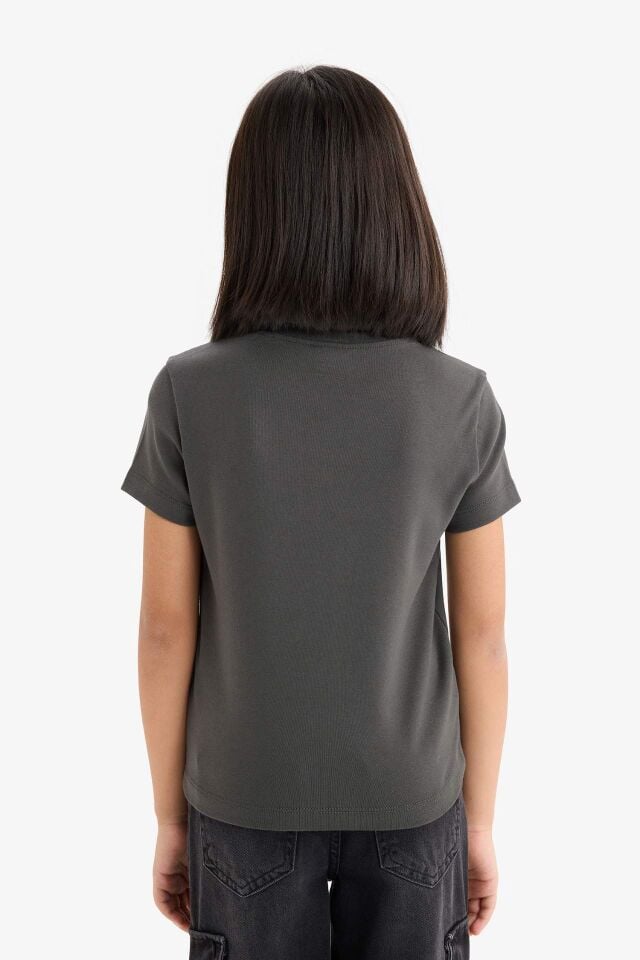 Kız Çocuk Slim Fit Dar Kesim Bisiklet Yaka Ribana Kısa Kollu Tişört