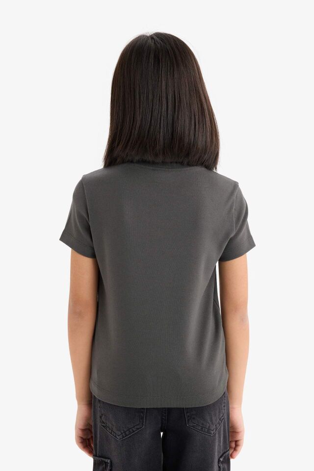 Kız Çocuk Slim Fit Dar Kesim Bisiklet Yaka Ribana Kısa Kollu Tişört