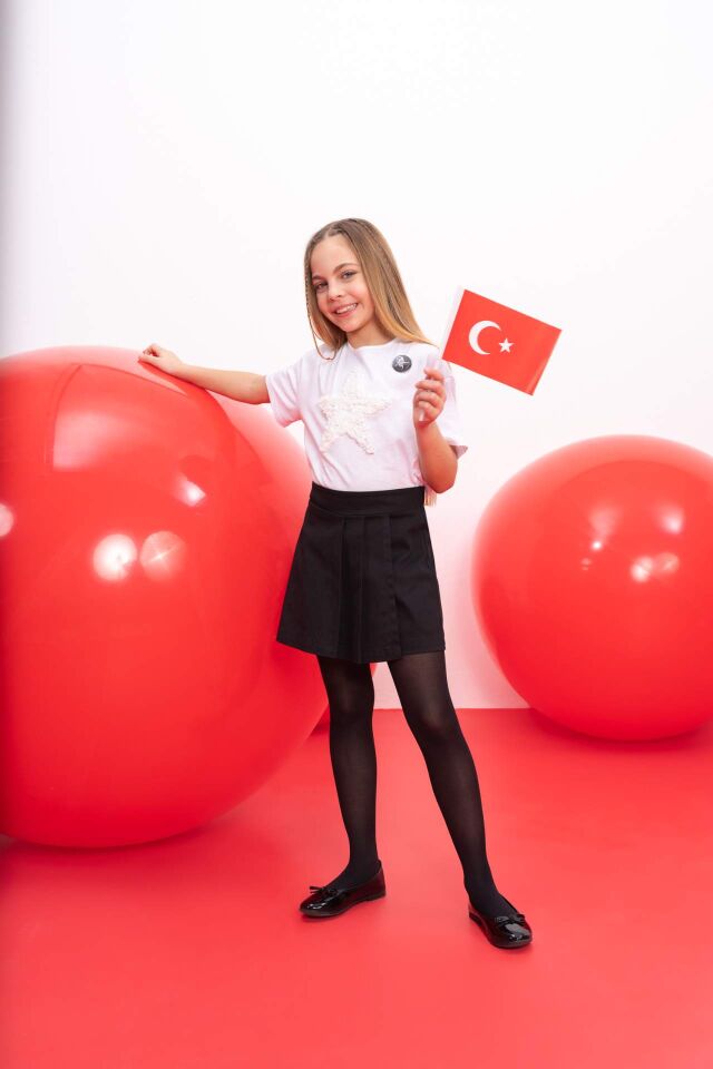 Kız Çocuk Siyah Gabardin Pileli Okul Şort Etek