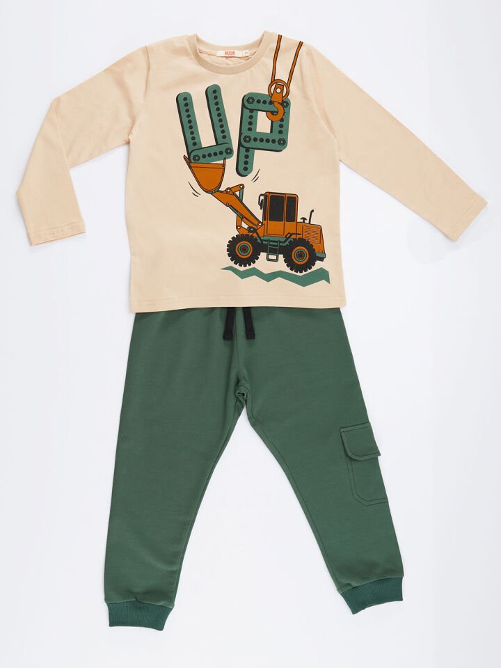 Up Dozer Erkek Çocuk T-shirt Pantolon Takım 7 Y - Yeşil, Krem