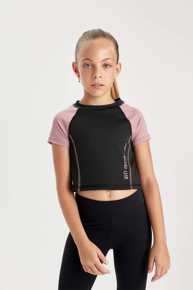 Kız Çocuk Slim Fit Dar Kesim Bisiklet Yaka Yazı Baskılı Kısa Kollu Tişört