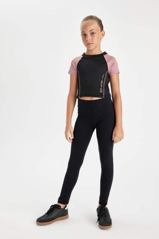 Kız Çocuk Slim Fit Dar Kesim Bisiklet Yaka Yazı Baskılı Kısa Kollu Tişört