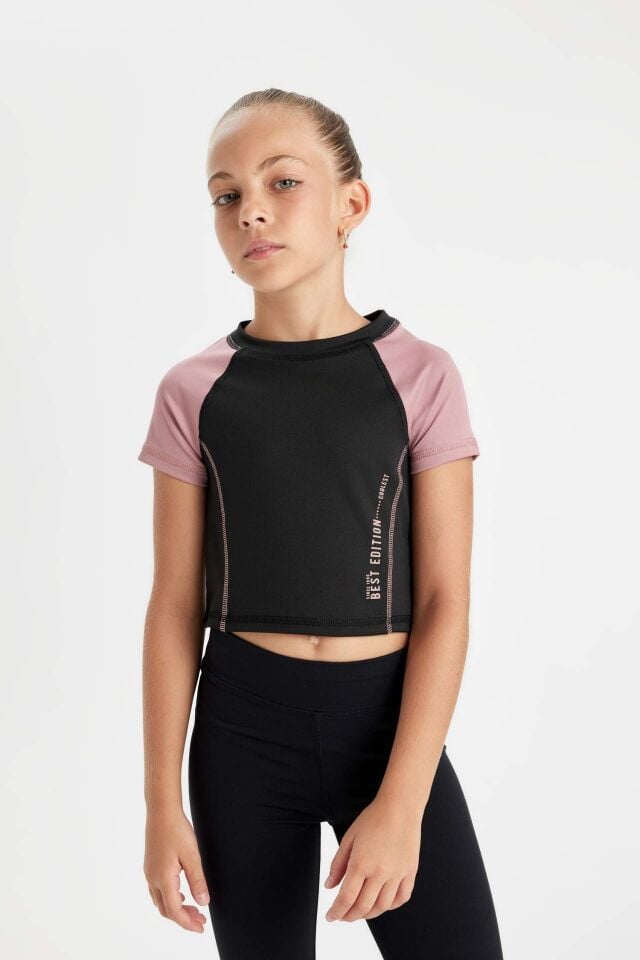 Kız Çocuk Slim Fit Dar Kesim Bisiklet Yaka Yazı Baskılı Kısa Kollu Tişört