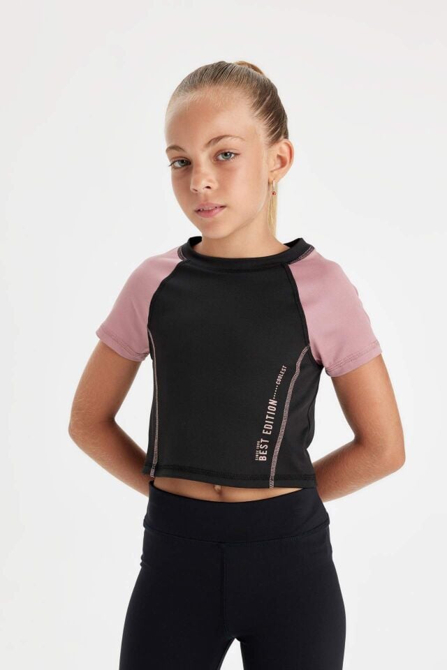 Kız Çocuk Slim Fit Dar Kesim Bisiklet Yaka Yazı Baskılı Kısa Kollu Tişört