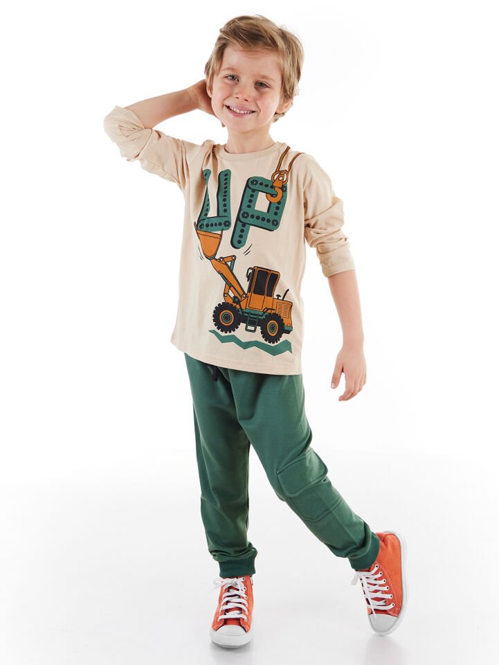 Up Dozer Erkek Çocuk T-shirt Pantolon Takım 9 Y - Yeşil, Krem