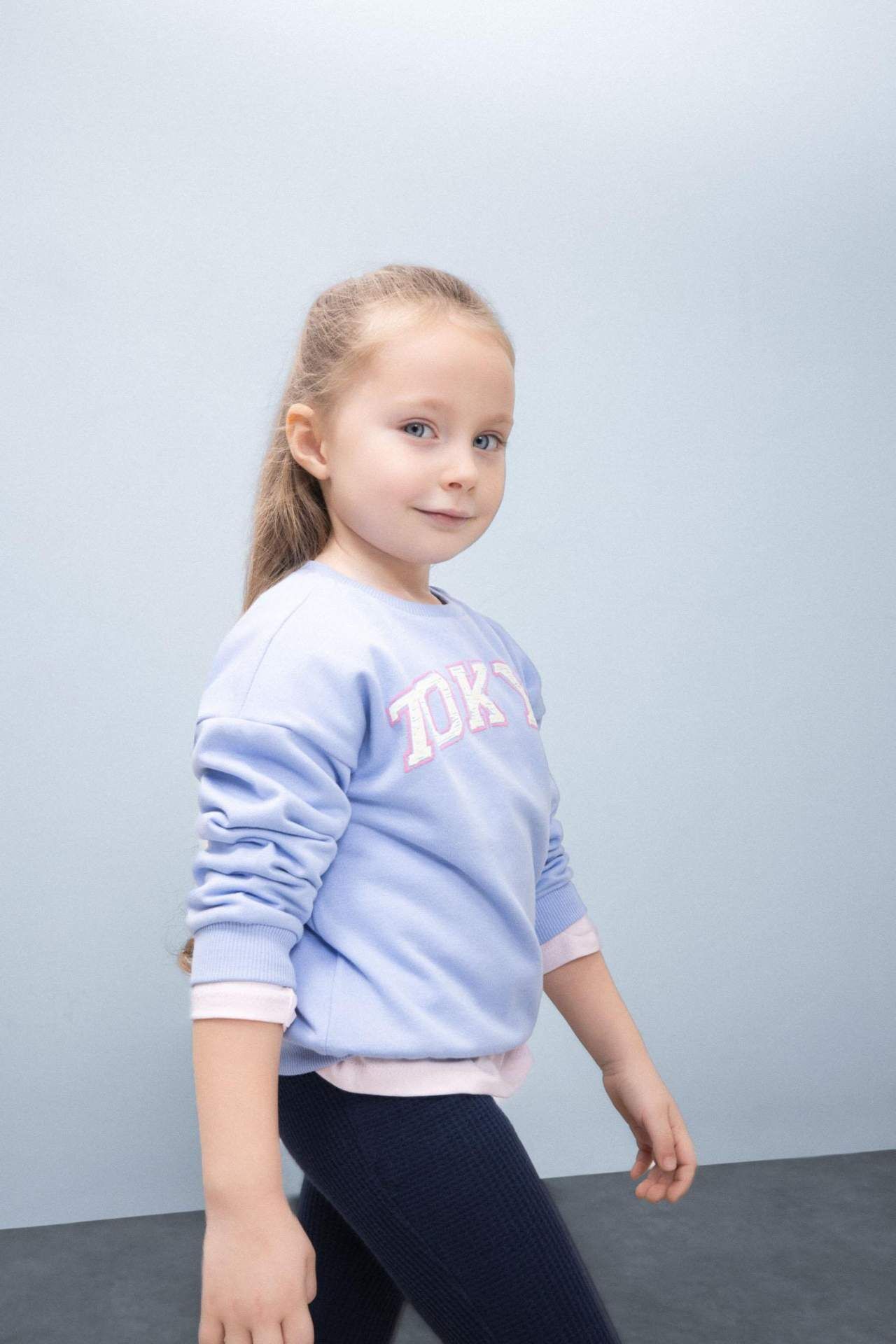 Kız Bebek Bisiklet Yaka Baskılı İçi Yumuşak Tüylü Sweatshirt
