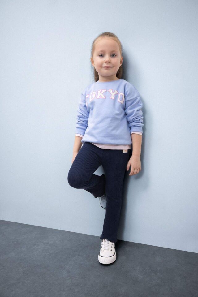 Kız Bebek Bisiklet Yaka Baskılı İçi Yumuşak Tüylü Sweatshirt