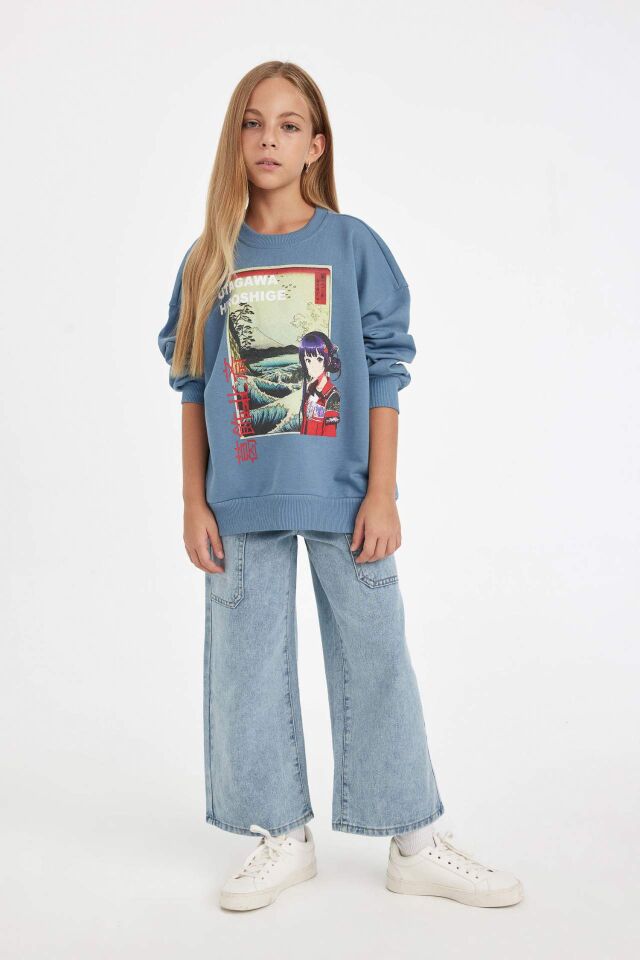 Kız Çocuk Hatsune Miku Relax Fit Bisiklet Yaka İçi Yumuşak Tüylü Sweatshirt