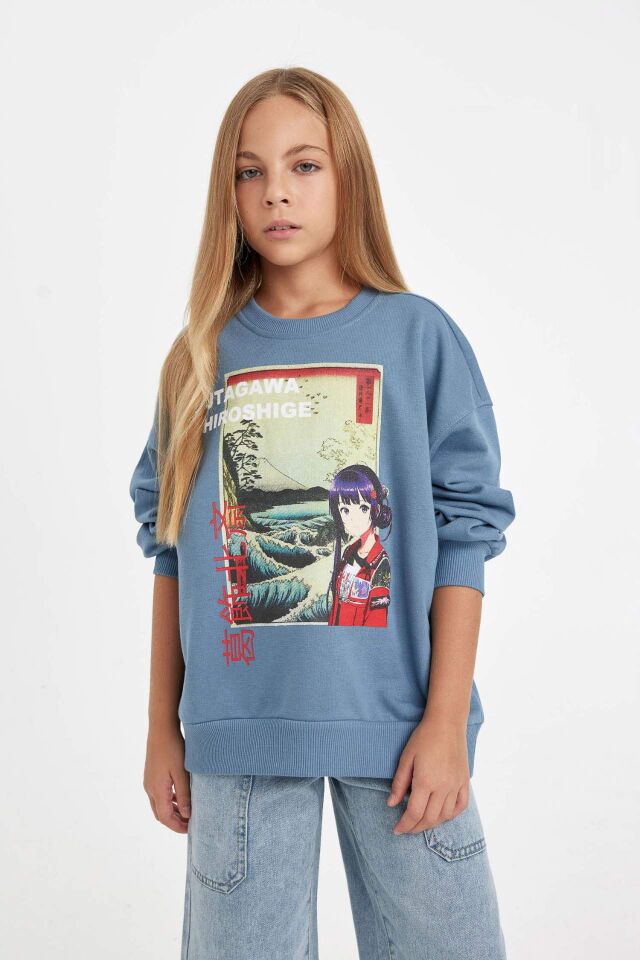 Kız Çocuk Hatsune Miku Relax Fit Bisiklet Yaka İçi Yumuşak Tüylü Sweatshirt
