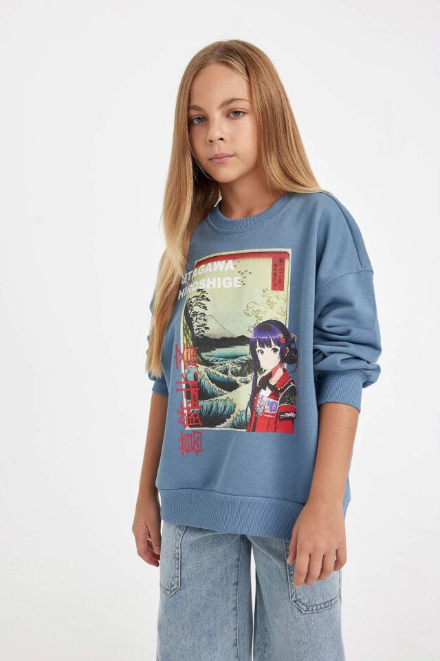 Kız Çocuk Hatsune Miku Relax Fit Bisiklet Yaka İçi Yumuşak Tüylü Sweatshirt