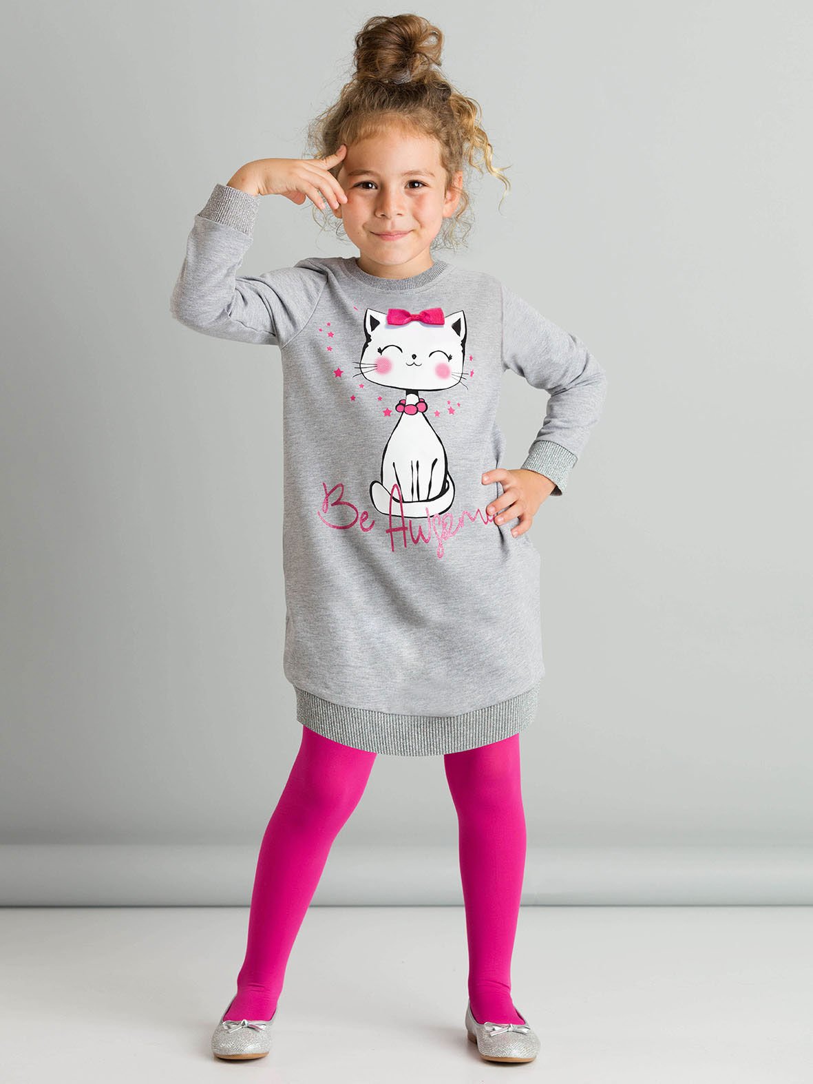 Be Awesome Kız Çocuk Elbise 5 Y - Gri Pembe Beyaz
