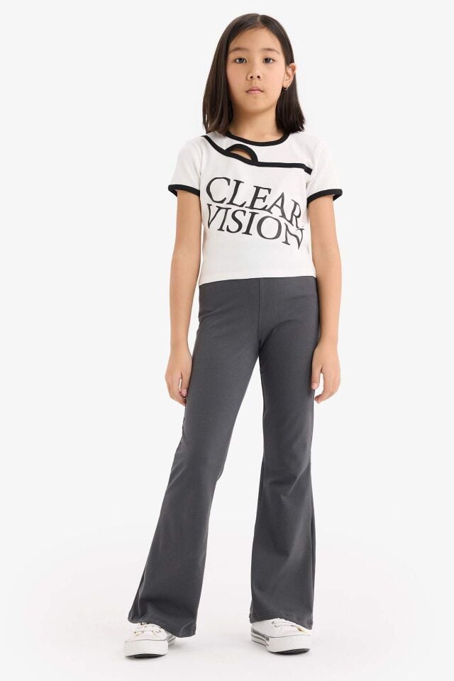 Kız Çocuk Slim Fit Dar Kesim Bisiklet Yaka Baskılı Fitilli Kaşkorse Kısa Kollu Tişört
