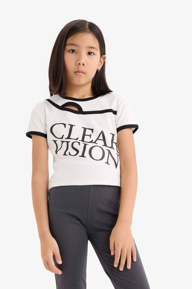 Kız Çocuk Slim Fit Dar Kesim Bisiklet Yaka Baskılı Fitilli Kaşkorse Kısa Kollu Tişört