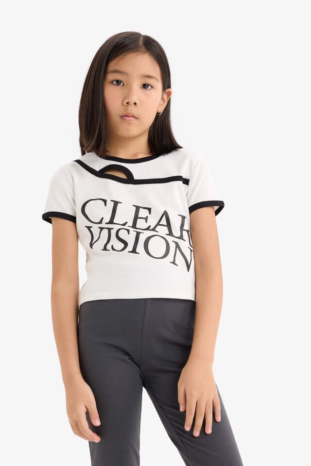 Kız Çocuk Slim Fit Dar Kesim Bisiklet Yaka Baskılı Fitilli Kaşkorse Kısa Kollu Tişört