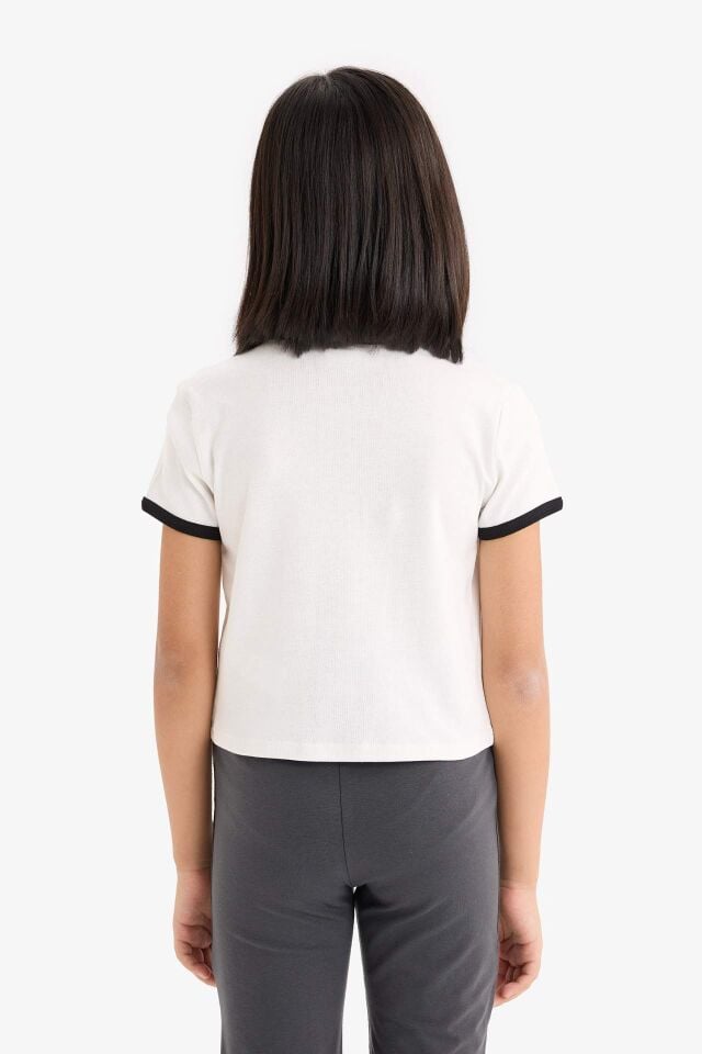 Kız Çocuk Slim Fit Dar Kesim Bisiklet Yaka Baskılı Fitilli Kaşkorse Kısa Kollu Tişört