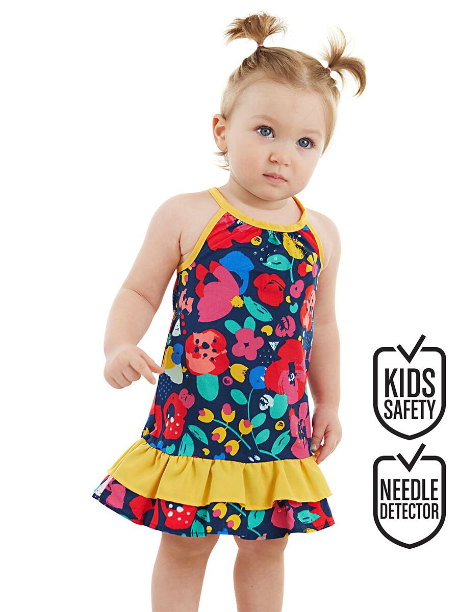 Çiçekli Kız Bebek Poplin Pamuklu Yazlık Elbise 18-24 M - Lacivert