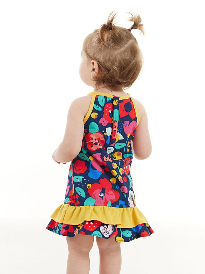Çiçekli Kız Bebek Poplin Pamuklu Yazlık Elbise 18-24 M - Lacivert