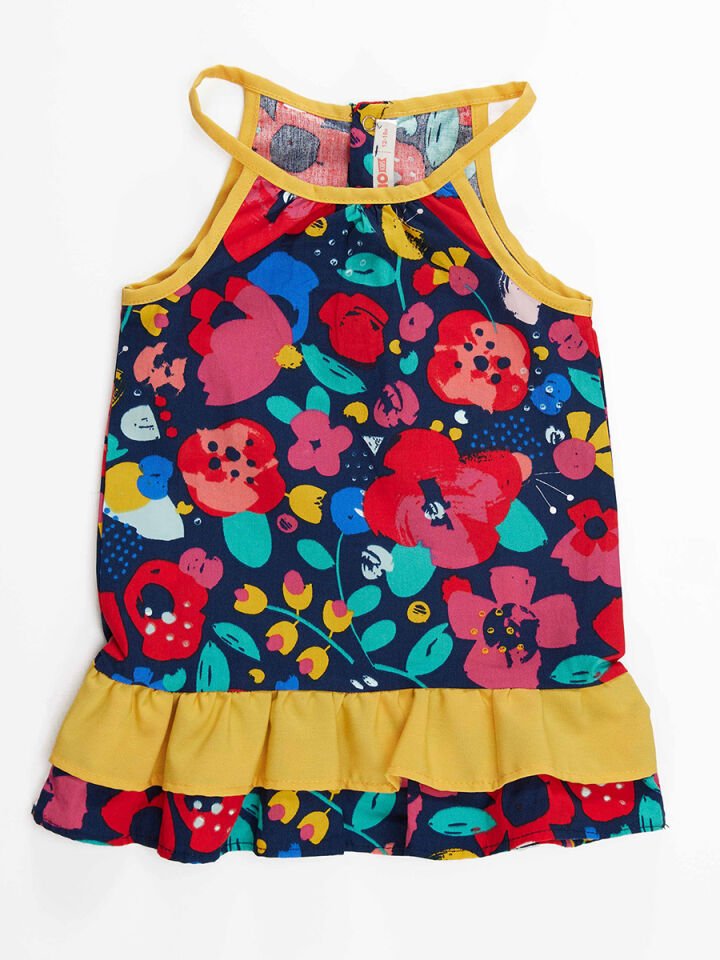 Çiçekli Kız Bebek Poplin Pamuklu Yazlık Elbise 18-24 M - Lacivert