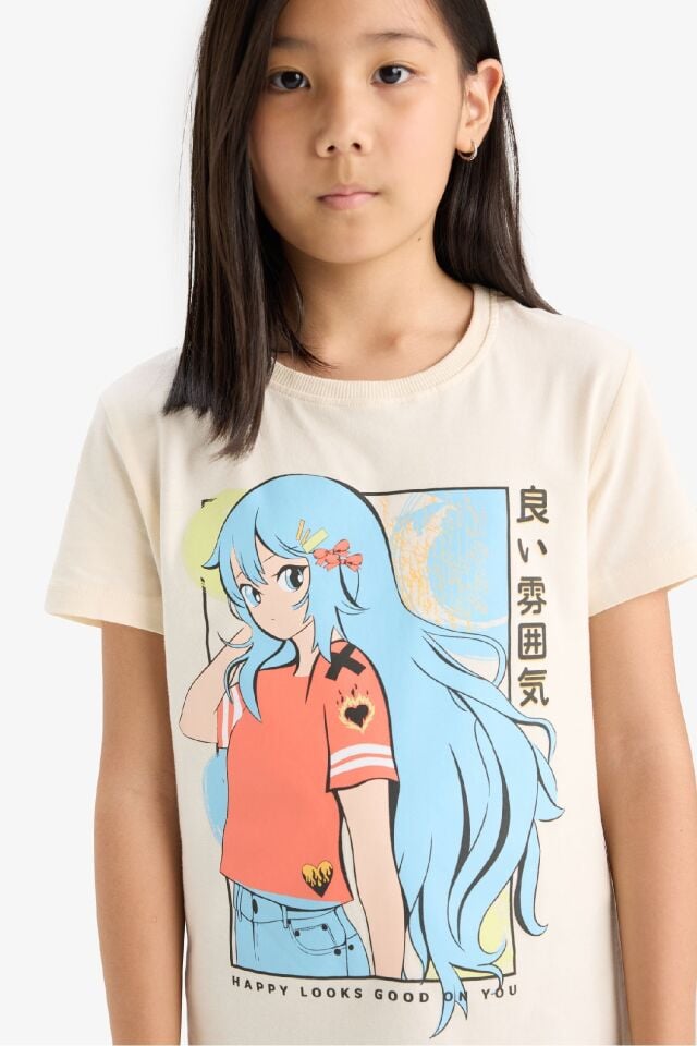 Kız Çocuk Bisiklet Yaka Anime Baskılı Kısa Kollu Tişört