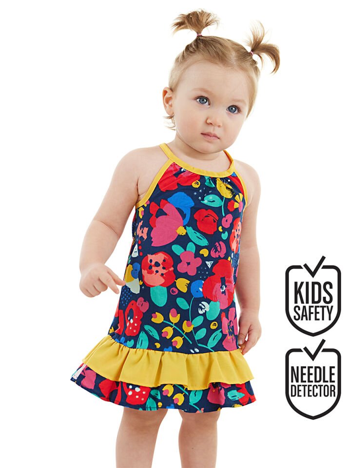 Çiçekli Kız Bebek Poplin Pamuklu Yazlık Elbise 24-36 M - Lacivert