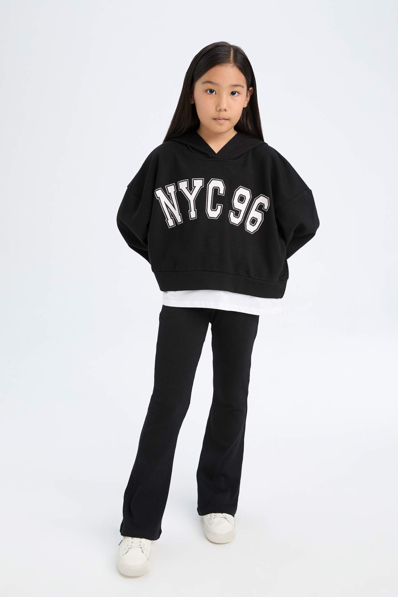 Kız Çocuk 2'li Takım Kapüşonlu Baskılı Sweatshirt İspanyol Paça Tayt