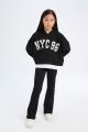 Kız Çocuk 2'li Takım Kapüşonlu Baskılı Sweatshirt İspanyol Paça Tayt