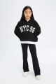 Kız Çocuk 2'li Takım Kapüşonlu Baskılı Sweatshirt İspanyol Paça Tayt
