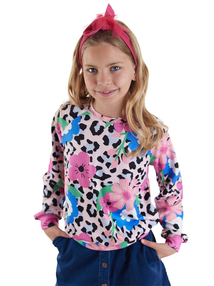 Çiçekli Leopar Kız Çocuk Sweatshirt 9 Y - Çok Renkli
