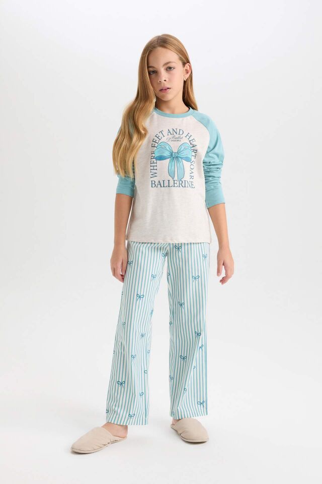Kız Çocuk Pijama Takımı Bisiklet Yaka Baskılı Uzun Kollu Üst Çizgili Uzun Alt