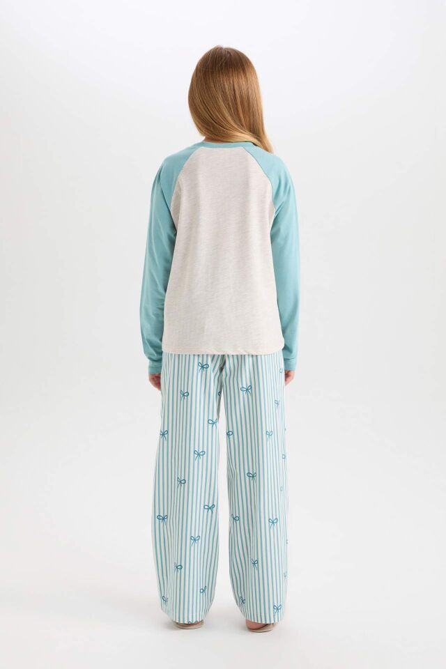 Kız Çocuk Pijama Takımı Bisiklet Yaka Baskılı Uzun Kollu Üst Çizgili Uzun Alt
