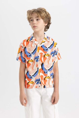 Erkek Çocuk Oversize Geniş Kalıp Polo Yaka Desenli Viskon Kısa Kollu Gömlek