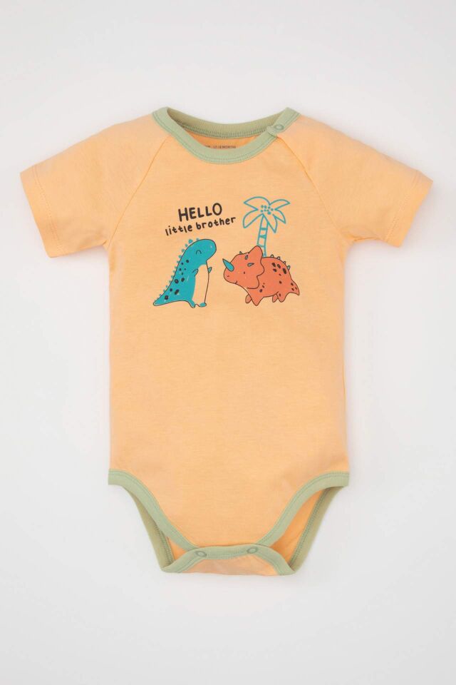 Erkek Bebek Yenidoğan Bisiklet Yaka Dinazor Baskılı Penye Kısa Kollu Çıtçıtlı Body