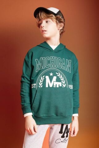 Erkek Çocuk Oversize Geniş Kalıp Baskılı Kapüşonlu Sweatshirt