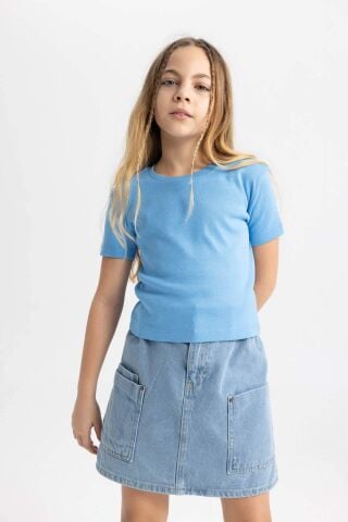 Kız Çocuk Slim Fit Dar Kesim Bisiklet Yaka Ribana Basic Düz Kısa Kollu Tişört