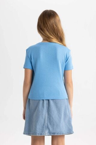 Kız Çocuk Slim Fit Dar Kesim Bisiklet Yaka Ribana Basic Düz Kısa Kollu Tişört