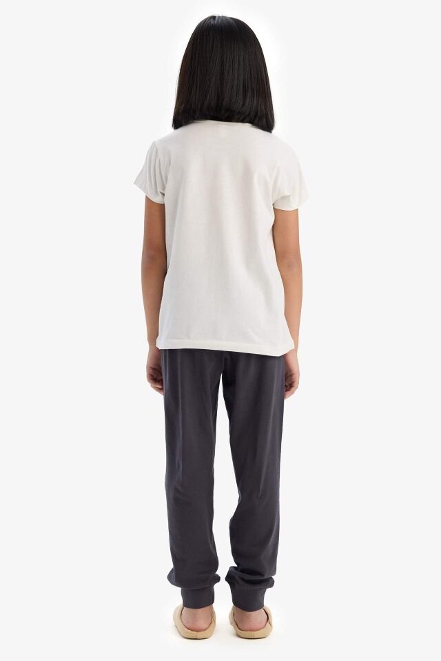Kız Çocuk Pijama Takımı Baskılı Kısa Kollu Pijama Üstü Esnek Belli Uzun Pijama Altı