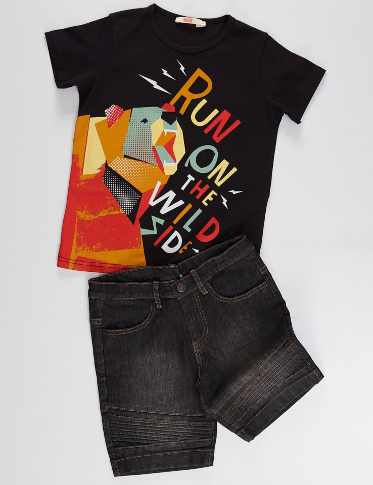 Wild Side Erkek Çocuk T-shirt Denim Şort Takım 5 Y - Siyah