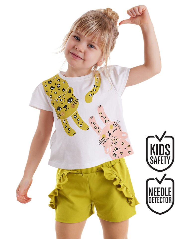Muzip Kediler Kız Çocuk T-shirt Şort Takım 8 Y - Beyaz, Yeşil