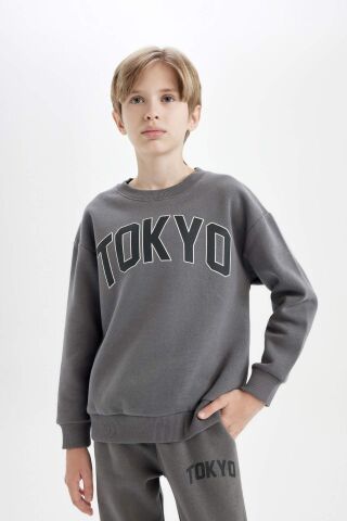 Erkek Çocuk Antrasit Oversize Geniş Kalıp Bisiklet Yaka Baskılı Kalın Okul Sweatshirt