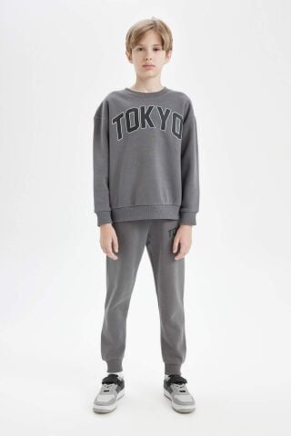 Erkek Çocuk Antrasit Oversize Geniş Kalıp Bisiklet Yaka Baskılı Kalın Okul Sweatshirt