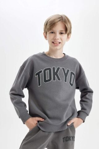 Erkek Çocuk Antrasit Oversize Geniş Kalıp Bisiklet Yaka Baskılı Kalın Okul Sweatshirt