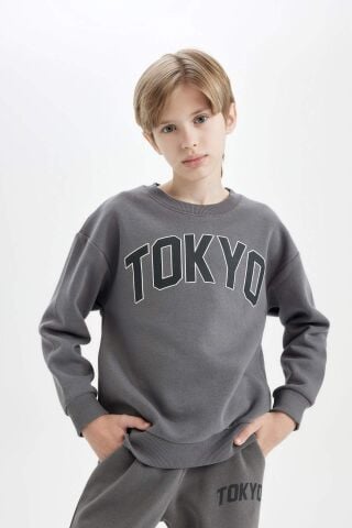 Erkek Çocuk Antrasit Oversize Geniş Kalıp Bisiklet Yaka Baskılı Kalın Okul Sweatshirt