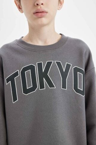 Erkek Çocuk Antrasit Oversize Geniş Kalıp Bisiklet Yaka Baskılı Kalın Okul Sweatshirt