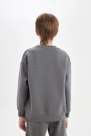 Erkek Çocuk Antrasit Oversize Geniş Kalıp Bisiklet Yaka Baskılı Kalın Okul Sweatshirt