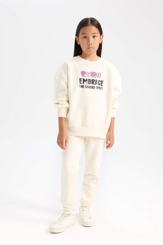 Kız Çocuk 2'li Takım Baskılı Kalın Sweatshirt Üst Beli Lastikli Jogger Eşofman Altı