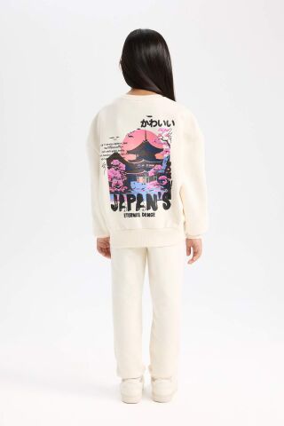 Kız Çocuk 2'li Takım Baskılı Kalın Sweatshirt Üst Beli Lastikli Jogger Eşofman Altı