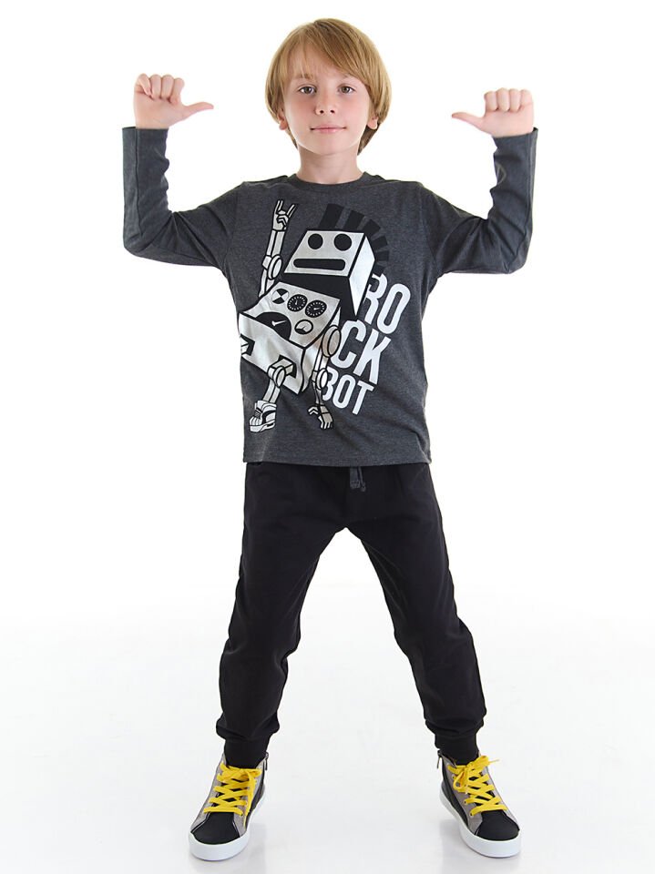 Rock Robot Erkek Çocuk T-shirt Pantolon Takım 5 Y - Gri, Siyah